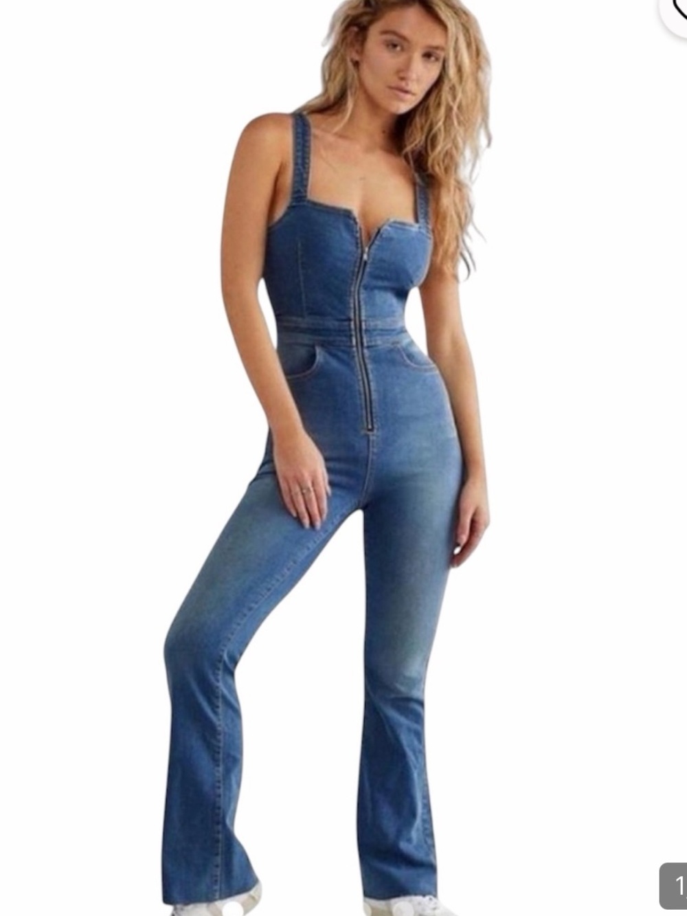 H6- Blue Denim Jumpsuit Jeans - Fitted Zip-Front Women's Jumpsuit